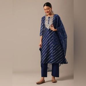 Kalki Blue Leheriya Print Chanderi Kurta Set With Gota Trims